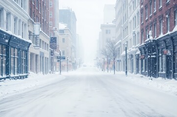 Deserted city street covered in snow on a foggy winter day.