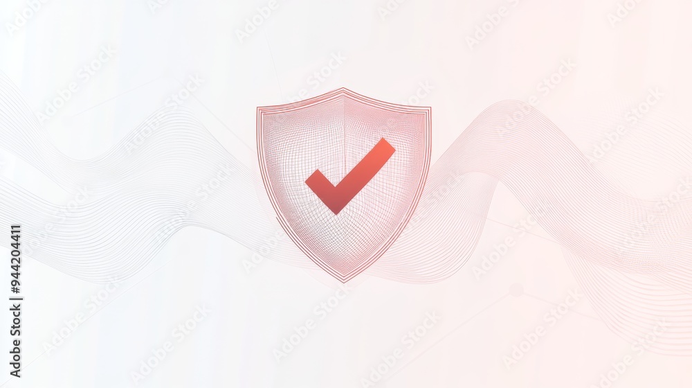 Poster Red checkmark on a shield symbol with abstract background. Represents digital security and verification.