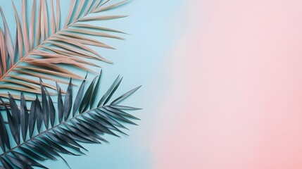 Photo of a pastel pink and blue background with palm leaves for an abstract summer concept. Web banner with copy space on the right