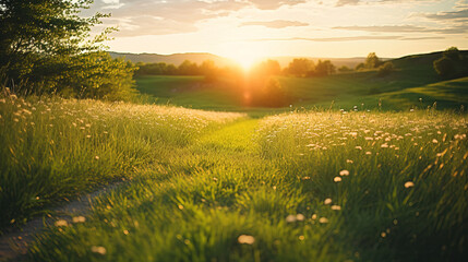 Obraz premium Golden Hour Sunset Over Lush Green Grass Field