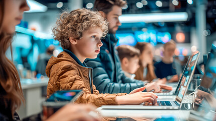 Young boy with curly hair is focused on using a laptop in modern electronics store, surrounded by other people.