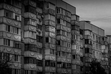 The black and white photo of the old Soviet building in Belgorod, western Russia, with the...