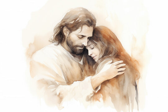 Jesus Christ Hugging Woman Watercolor Illustration