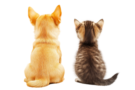 Cute Kitten and puppy Sitting Together Looking Up Isolated on White and PNG Transparent Background