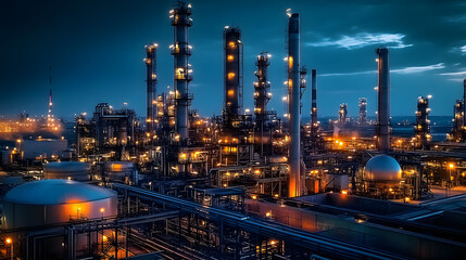 A petrochemical facility with an oil refinery and tower operating at night.