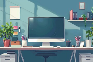 A minimalist home office workspace with a computer, desk, plants, and a blue wall. The room is lit by sunlight streaming through a window.