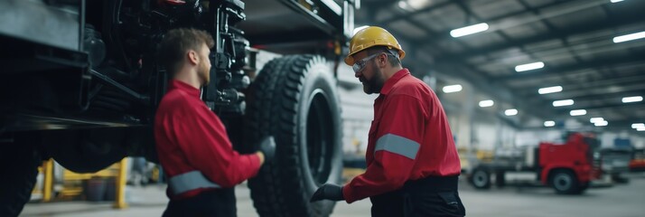 Three workers in red uniforms and helmets inspect a large vehicle tire in a well-lit industrial facility.