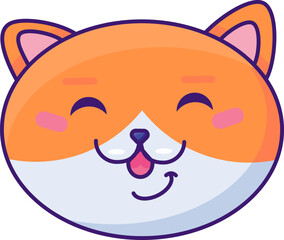 Happy ginger cat smiles cheerfully with his eyes closed. Healthy pet. Element for design of pet store or vet clinic. Simple solid detail vector isolated on white background