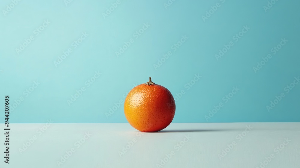 Poster Single Orange on White Table Against Blue Background