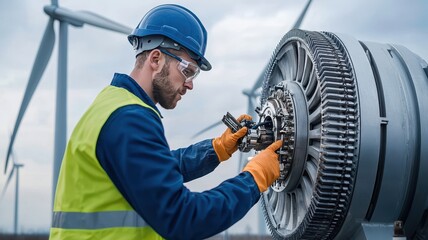 A technician working on wind turbine maintenance using tools for repairs, wearing safety gear under a cloudy sky.