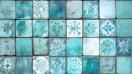 Old turquoise aquamarine vintage worn shabby patchwork ornate motif tiles stone concrete cement wall texture background banner