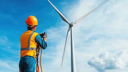 A worker inspects a wind turbine under a bright blue sky, showcasing the commitment to renewable energy and innovation.