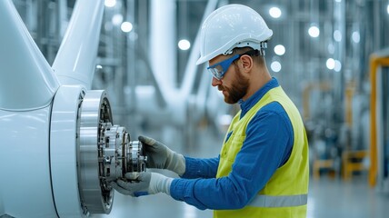 Engineer working on wind turbine assembly, showcasing modern energy technology and safety in renewable energy production.