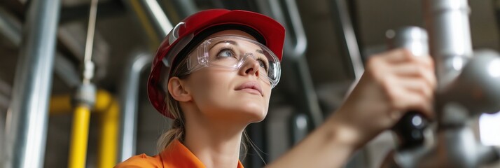 Fototapeta premium Female engineer in an orange safety jacket and red helmet inspecting pipe systems in an industrial indoor setting.