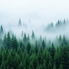 Fototapeta premium Morning mist rolling through a dense forest, foggy weather, mysterious ambiance