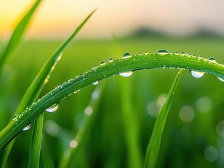 Obraz premium Dew on grass blades glistening in the morning sun, fresh weather, nature awakening