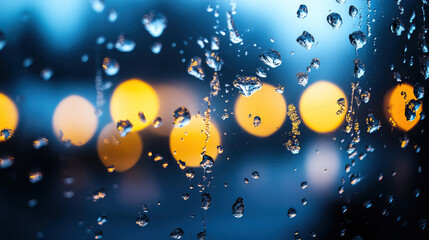 Fototapeta premium A close-up view of raindrops on a window, with blurred city lights in the background creating a serene, atmospheric effect.