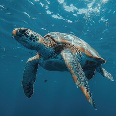 Obraz premium A sea turtle gracefully swims through clear ocean waters while exploring vibrant marine life