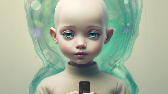 Animated image Cinemagraph shows little boy, growing up in a bubble with his smartphone. The algorithm on the Internet ensures that he only sees the variety of colours in the world in a filtered colou
