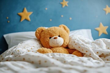 bestseller cozy teddy bear in bed with starry bedding in a child’s bedroom,  warm and comforting nursery decor featuring soft plush toy, stars, and calming blue walls