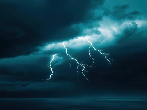 Lightning bolts illuminating a dark sky during a heavy storm, extreme weather, intense energy