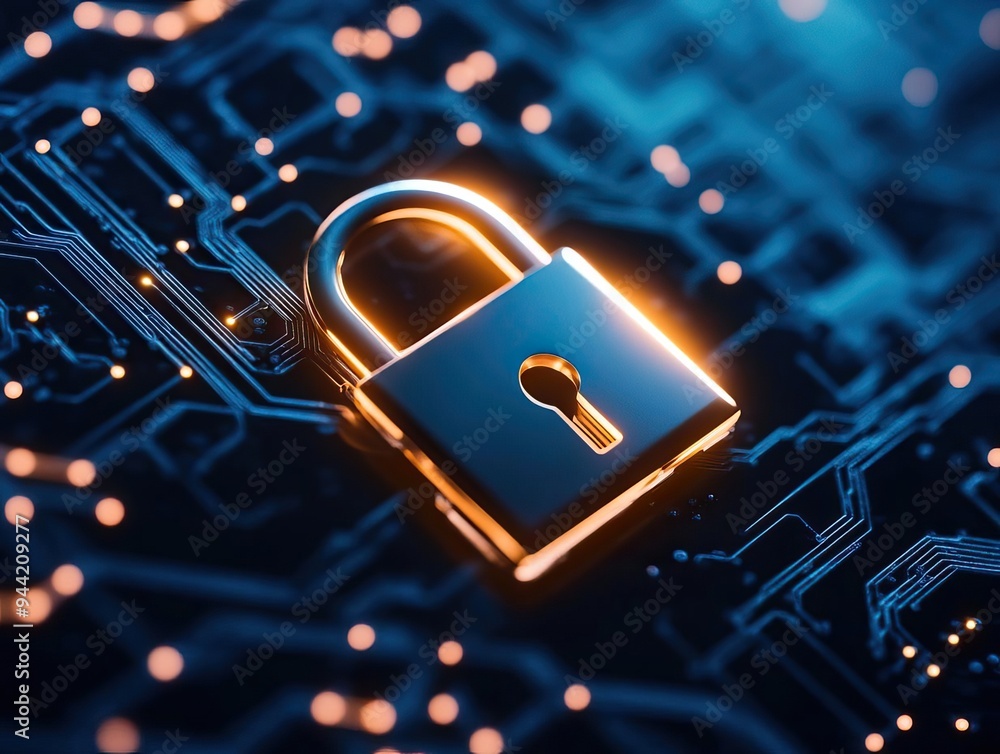 Poster shiny lock symbolizing digital security, placed on a vibrant circuit board background, representing 
