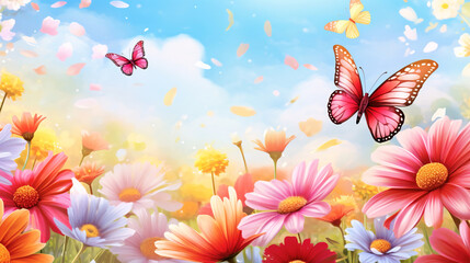 Vibrant Flower Field with Butterflies - Nature Wallpaper