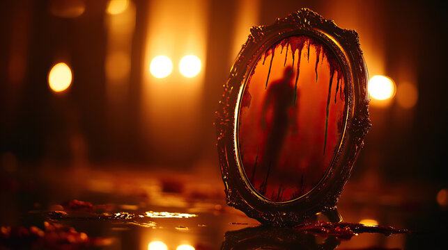 A haunting mirror reflects a shadowy figure amidst candlelight, creating an eerie atmosphere filled with suspense and intrigue.