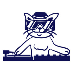 Cute Little Cat Pet Animal Kitten Music Vinyl Mixing Console Table Turntable DJ Cool Face Headphone Sunglasses Party Night Listen Loud Bass Sound Dancing Clubber Raver Fun Disco Club Techno Discothek