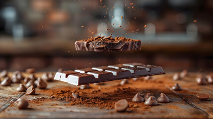 Floating Chocolate Bar with Cocoa Powder and Chocolate Chips - Realistic Food Photography