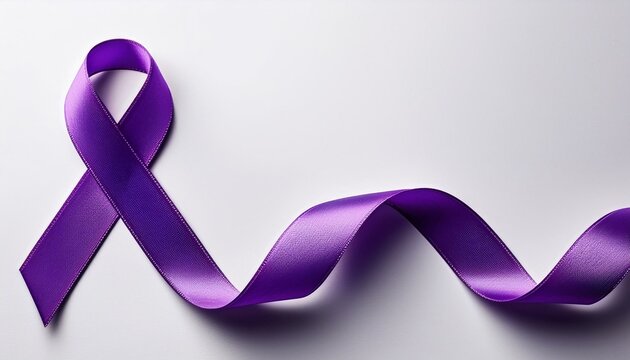  International Epilepsy Day. Purple ribbon on white background. Alzheimer's disease, Pancreatic cancer, Hodgkin's Lymphoma awareness. World Lupus Day and world cancer. Banner. copyspace