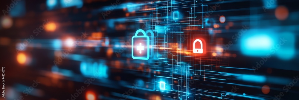 Poster Digital lock icon with glowing elements on a high-tech interface background. Perfect for cyber security and secure data protection.