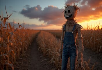 Creepy scarecrow in a cornfield at sunset with a spooky smile.