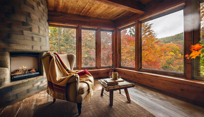 Rustic cabin interior with large windows overlooking the forest.