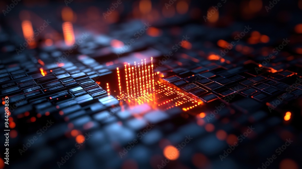 Poster intricate digital circuit with glowing elements in a dark environment, symbolizing advanced technolo