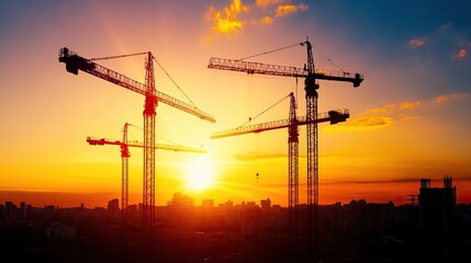 Silhouettes of construction cranes against a stunning sunset sky, symbolizing urban development and progress.