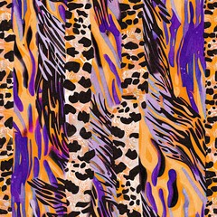 Fun girly camouflage pattern in vibrant stripes and spotted seamless design . Modern skin texture patched effect for festival and beach wear style in repeat .