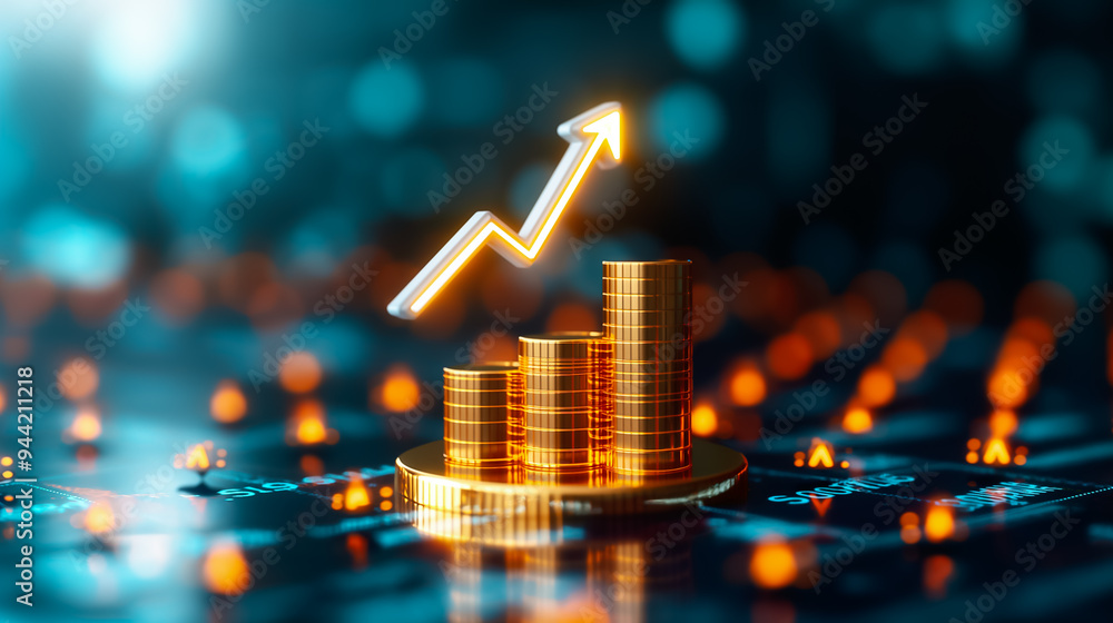 Poster a visual representation of financial progress shows stacked coins with an upward arrow, symbolizing 