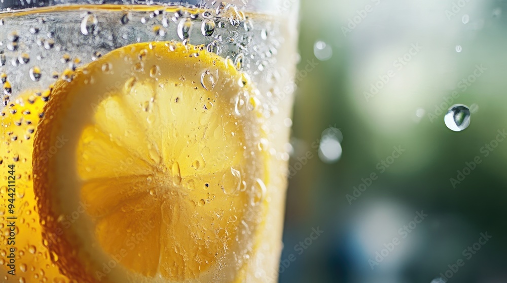 Poster Close-up of a Lemon Slice in Sparkling Water with Water Droplets