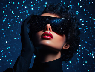 Stylish woman in sunglasses against a starry background, showcasing elegance and glamour in a vibrant, modern atmosphere. © Chopang.studio