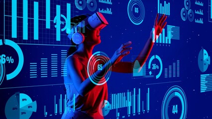 Woman wearing VR looking through metaverse financial business data graph dynamic report innovation blue background upload global interface digital infographic network technology visual. Hallucination.