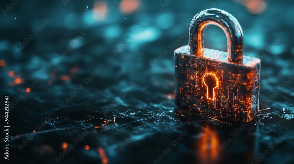 Poster Digital padlock with integrated circuits on a dark background symbolizing cybersecurity. Concept of data protection and secure networks.