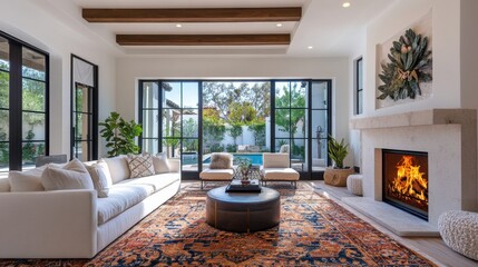 modern living room with mediterranean flair, showcasing a tiled fireplace, cozy rugs, and stylish wrought iron decor, for home design inspiration