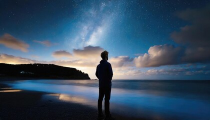 A person gazing at a starry night sky by the ocean, reflecting on the vastness of the universe.
