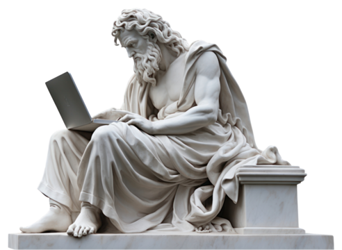 PNG Greek sculpture using computer electronics person laptop.