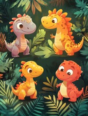 Four Adorable Dinosaurs in the Lush Jungle