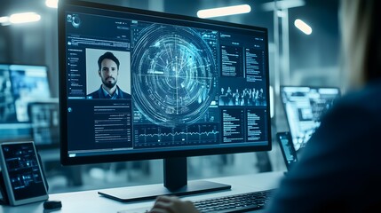 Software developer working with facial recognition system on a computer in a monitoring room