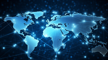 Naklejka premium A light blue background with a digital world map and global network connections, representing the concept of international business or connectivity
