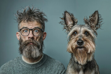 Portrait of a man with glasses and beard and a giant schnauzer dog. Dog and owner look very similar.