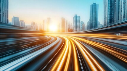 Obraz premium Light trails are illuminating the highway in the city at sunset